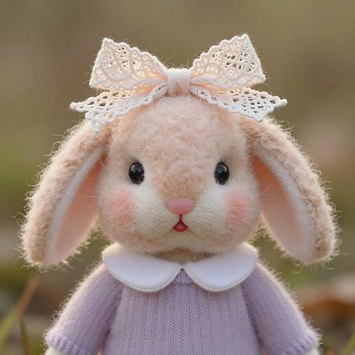 Photograph of a fluffy, beige, stuffed bunny with black eyes, pink nose, and blushing cheeks, wearing a white lace bow and lavender dress