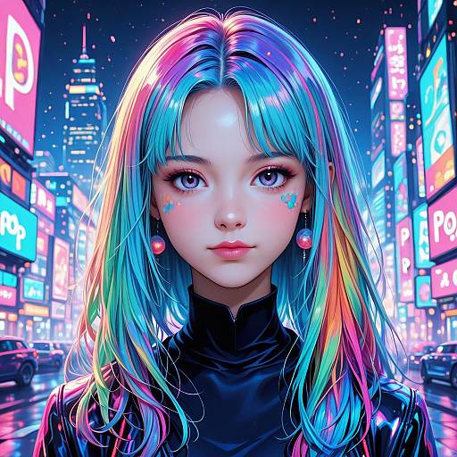 Digital artwork of a neon-lit, anime-style girl with rainbow hair, star tattoos on her cheeks, in a vibrant city night. She wears a