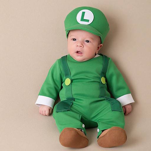 Photograph of a baby in a green Mario costume with hat, overalls, and brown shoes, sitting against a beige background.