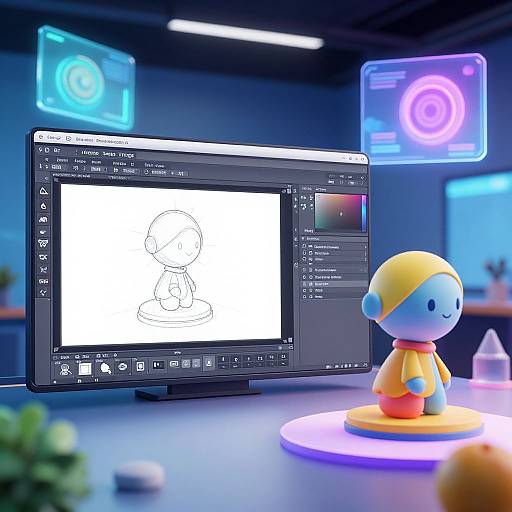 CGI image of a digital art software interface with a drawing of a blue and yellow cartoon character, illuminated by neon blue and purple holographic displays.