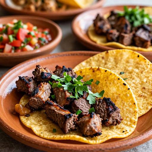Photograph of grilled beef fajitas with crispy yellow tortillas, fresh cilantro, on an orange plate, surrounded by other similar plates.