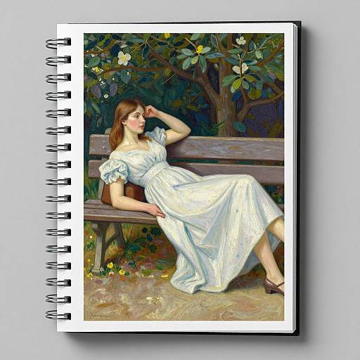 Digital painting of a fair-skinned woman with brown hair, wearing a white off-shoulder dress, lounging on a wooden bench in a lush