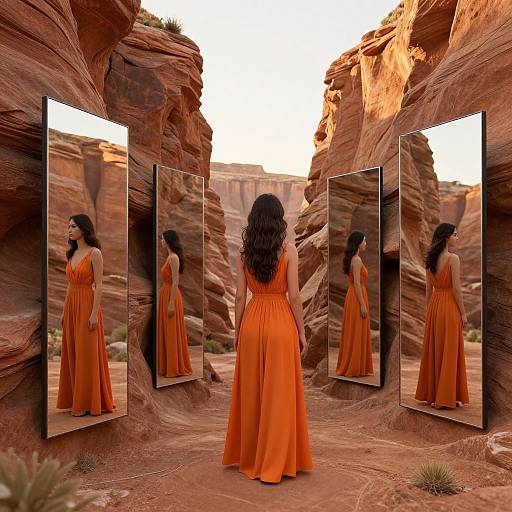 Photograph of a woman with long black hair in an orange, sleeveless, floor-length dress, standing in a desert canyon, surrounded by four mirrors