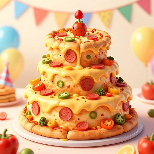Vibrant, two-tiered cake adorned with melted cheese, cherry tomato slices, jalapeño rings, and a cherry on top, set against