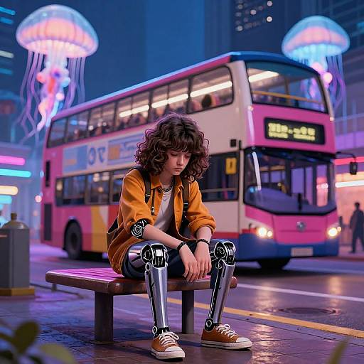 Digital art: Curly-haired girl in orange jacket and cyberpunk leggings sits on bench, neon-lit city street with jellyfish lights and double-de