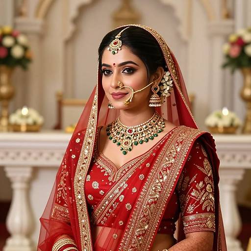Photograph of an Indian bride in a red and gold embroidered sari, veil, and jewelry, standing in a decorated wedding altar.