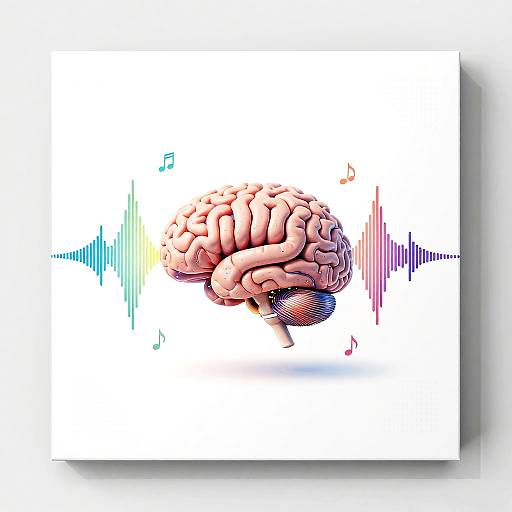 Digital illustration of a pink, detailed human brain with musical notes and colorful waveforms, floating against a white background.