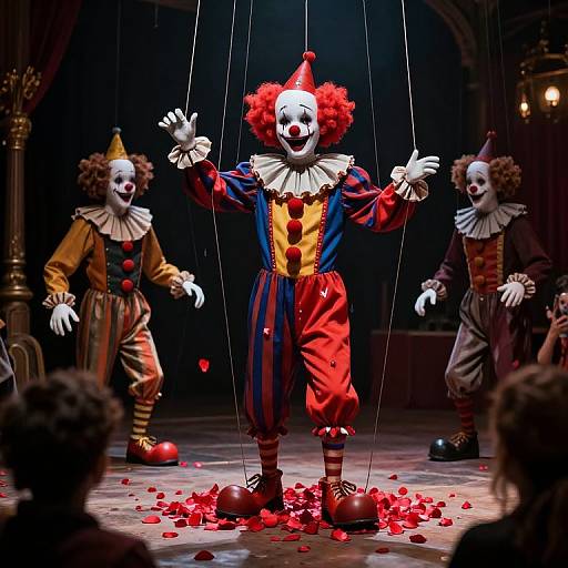 Photograph of three clown puppets on stage, central clown with red hair, white face, colorful outfit, surrounded by red rose petals, other two