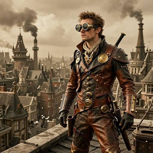 Steampunk soldier with goggles, brown leather outfit, and gold accents stands on rooftop overlooking a foggy, industrial cityscape. Digital artwork.