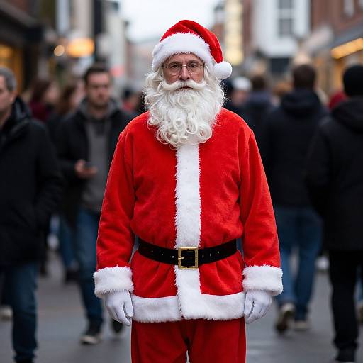 Photograph of a bearded Santa Claus in a red velvet suit with white trim, black belt, and white gloves, standing in a bustling, blurred