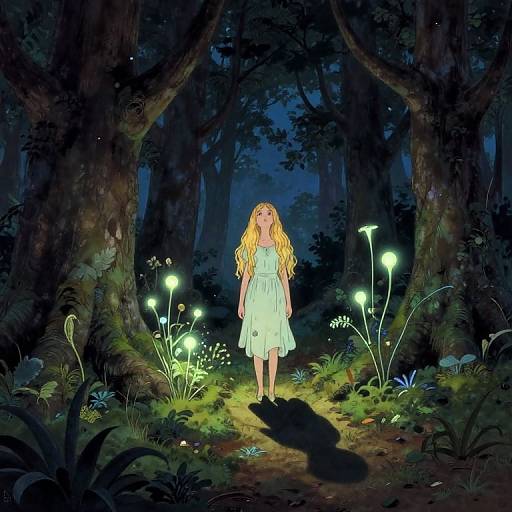 Digital artwork of a blonde girl in a white dress standing in a glowing, enchanted forest at night, surrounded by luminescent plants.