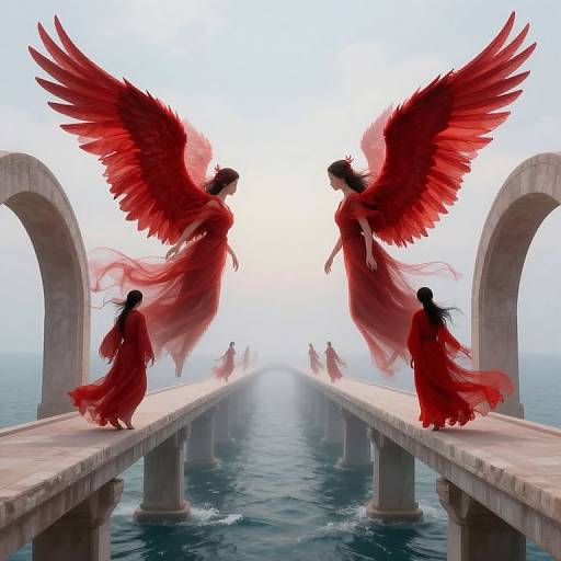Digital artwork of two red-winged angel women in flowing red dresses standing on an arched stone pier, with foggy water below and ethereal figures