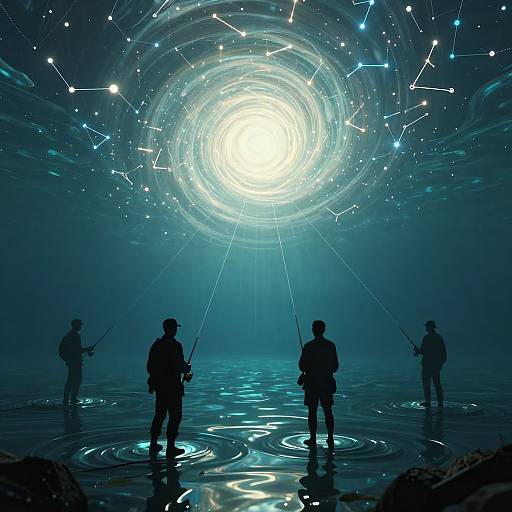 Silhouetted fishermen standing in water, holding rods, facing a bright, glowing, star-filled vortex in a blue, ethereal sky. Digital