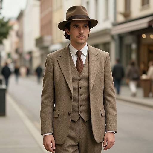 Photograph of a young man with medium skin tone, dark curly hair, and mustache, wearing a brown three-piece suit, tie, and fed