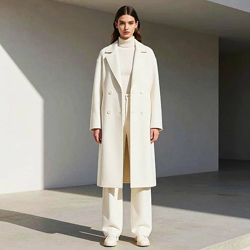 Photograph of a young woman with long dark hair, wearing a white coat, pants, and shoes, standing in a sunlit, minimalist gray room
