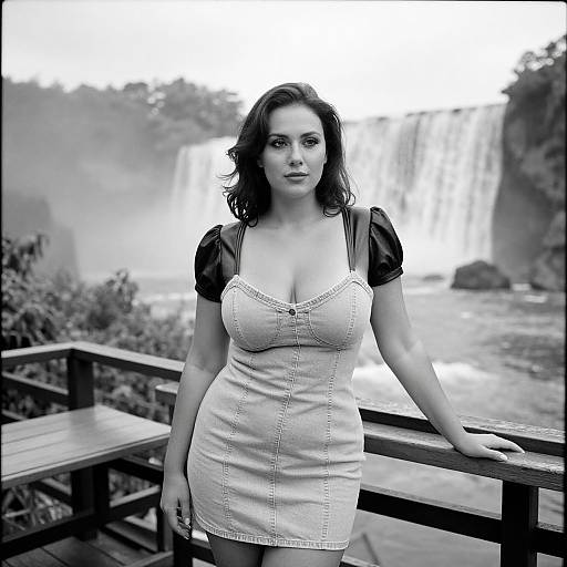 Black-and-white photograph of a curvy woman with dark hair, wearing a low-cut, puffed-sleeve dress, standing by a wooden railing