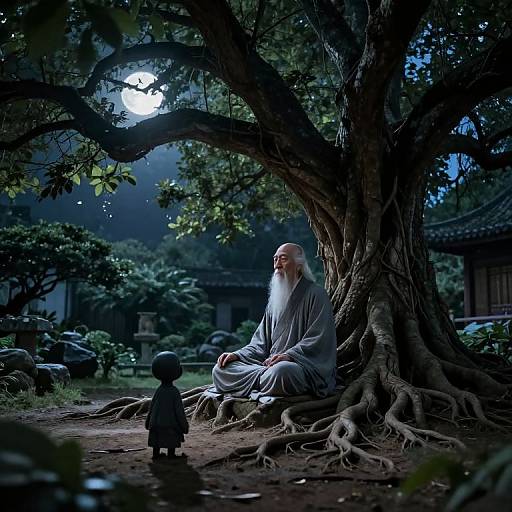 Photograph of an elderly, long-bearded man with a white robe, sitting at the base of a large tree under a full moon, with a
