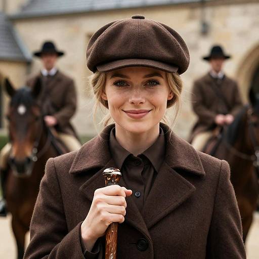 Confident Woman with Horsemen in Background