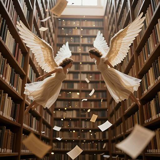 Photograph of two glowing white-winged angels in flowing white dresses, flying between towering bookshelves with floating papers in a dimly lit library.