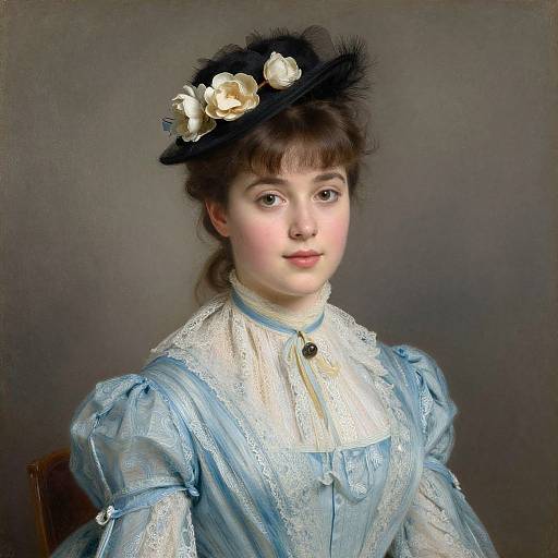 Victorian-era portrait of a young woman with fair skin, dark brown hair, and blue eyes, wearing a blue lace dress and black hat adorned with