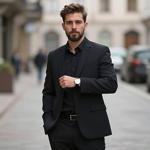 Photograph of a handsome, bearded man with short brown hair, wearing a black suit, black shirt, and white watch, walking down a blurred