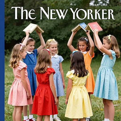 Photograph of six young girls in colorful dresses, standing outdoors, raising books above their heads, with 