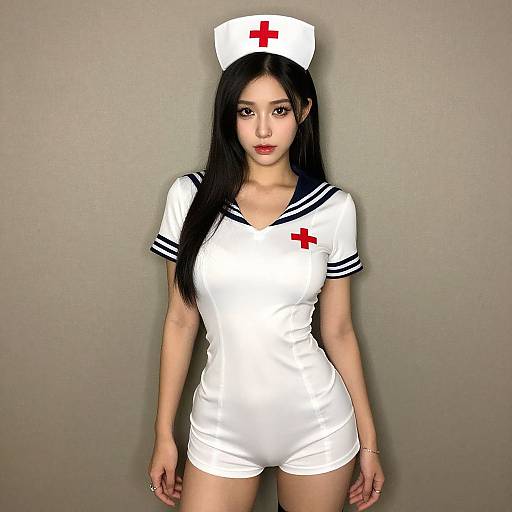 Photograph of an Asian woman with long black hair, wearing a white nurse outfit with black stripes, red cross, and hat, standing against a plain