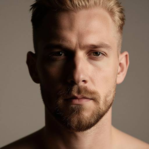 Photograph of a handsome, light-skinned, bearded man with short, blonde hair, half-lit face, and serious expression against a dark