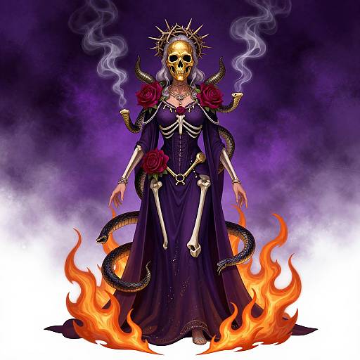 Digital art of a skeletal, crowned, female figure in a dark purple gown with red roses, surrounded by smoke, flames, and serpents.