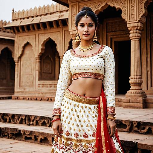Indian Woman in Traditional White and Gold Saree