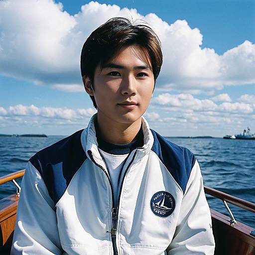 Young Asian Man on Boat in White Jacket