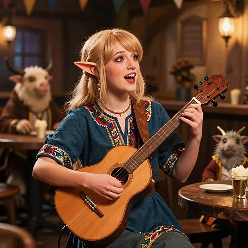 Photograph of a blonde elf woman with pointed ears, playing a wooden guitar in a cozy, dimly-lit tavern with two horned, furry