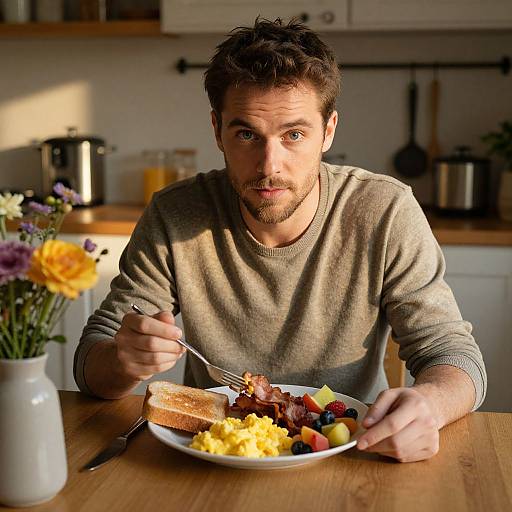 Photograph of a bearded man with short brown hair, wearing a beige sweater, eating breakfast at a wooden table in a sunlit kitchen.
