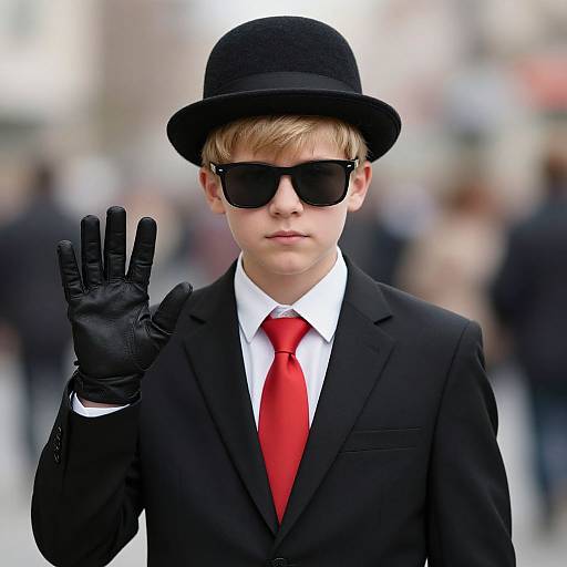 Photograph of a young boy in a black suit, red tie, black fedora, black sunglasses, and black gloves, making a 
