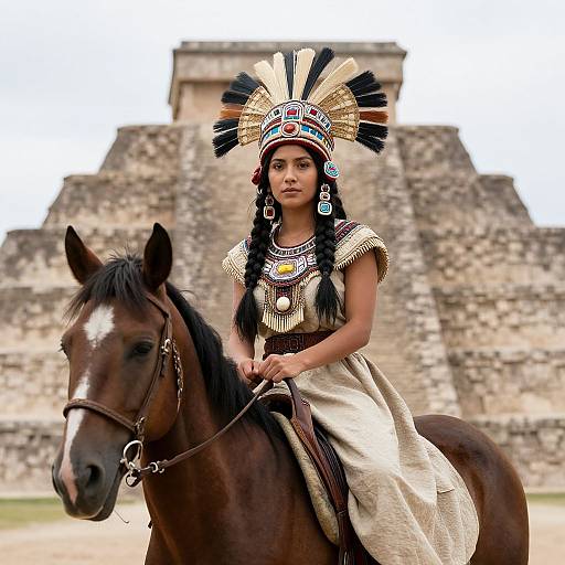 Photograph of indigenous woman in traditional feather headdress and beige dress, riding a brown horse, in front of ancient stone pyramid.