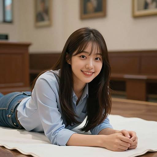 Photograph of a smiling Asian woman with long black hair, wearing a light blue shirt and jeans, lying on a white sheet in a wooden-paneled