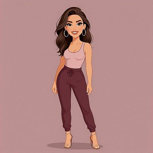 Digital illustration of a confident woman with long dark hair, wearing a pink tank top, black pants, and beige heels, smiling against a pink background.