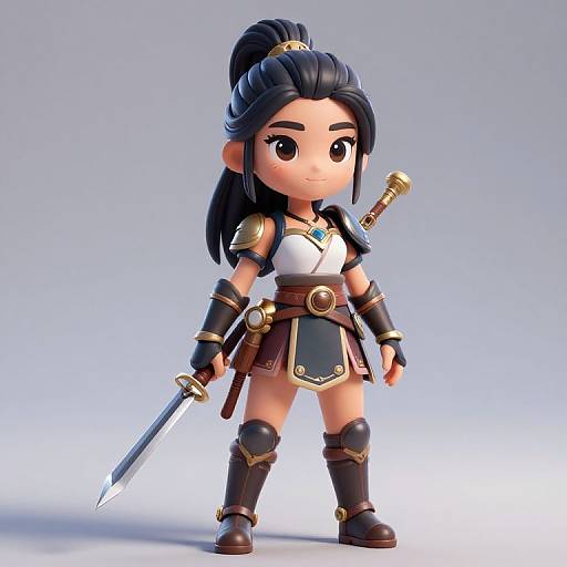 Chibi-style digital anime warrior with black hair in a ponytail, wearing armor, holding a sword, standing confidently on a gradient blue background.