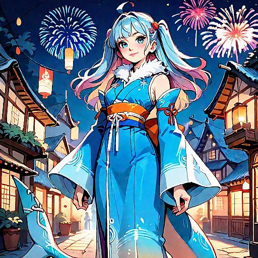 Anime Girl in Blue Kimono with Fireworks
