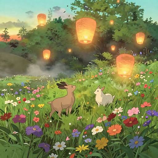 Digital illustration of a sunlit meadow with colorful flowers, two rabbits, and glowing paper lanterns floating in the background.