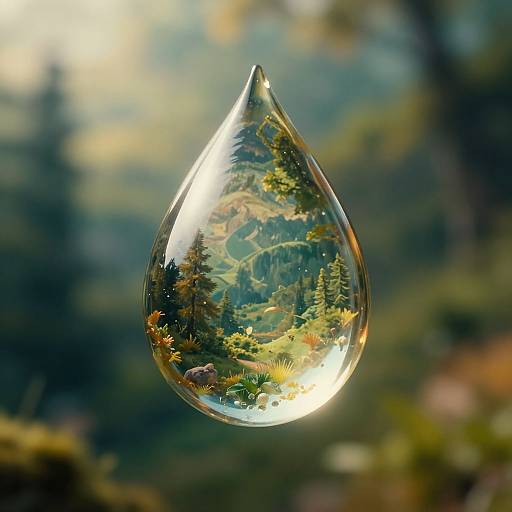 Photograph of a clear water droplet reflecting a detailed, miniature forest scene with trees, moss, and sunlight, set against a blurred green and yellow