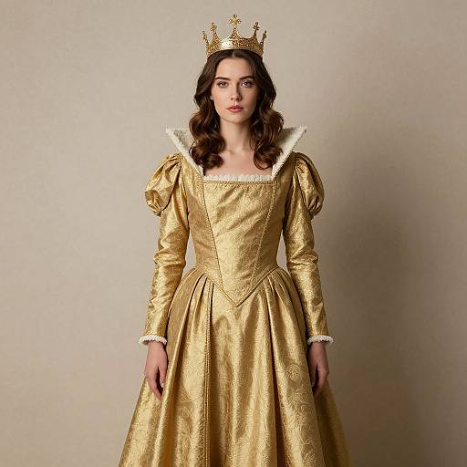 Photograph of a young woman with wavy brown hair, wearing a golden, medieval-style gown with puffed sleeves, white lace collar, and golden