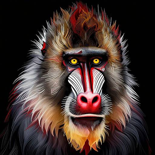 Digital artwork of a vibrant, stylized baboon with neon red, yellow, and white facial markings, glowing eyes, and a fiery mane against a