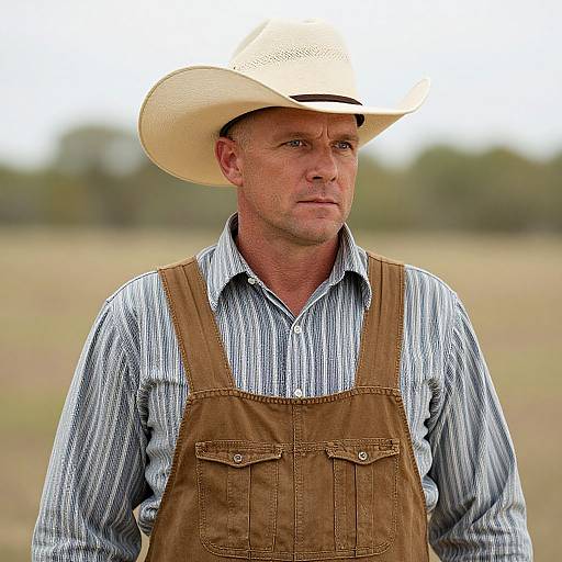 Photograph of a middle-aged Caucasian man wearing a white cowboy hat, blue striped shirt, and brown apron, standing in a blurred, grassy