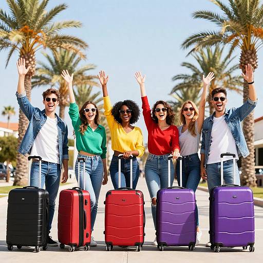 Six Friends with Colorful Suitcases