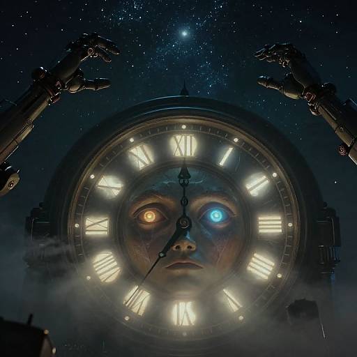 Digital art of a clock face with a human face, one blue eye, one orange eye, Roman numerals, and angelic hands above. Star