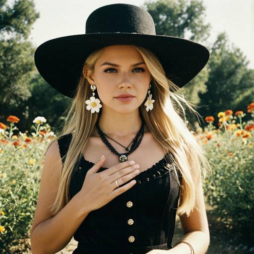 Blonde Woman in Black Western Dress and Sun Hat Outdoors
