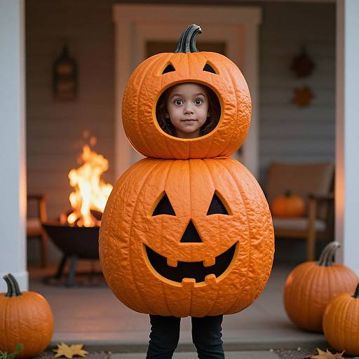 Photograph of a young child with dark skin and brown eyes, dressed in a bright orange, two-tiered jack-o'-lantern costume, standing