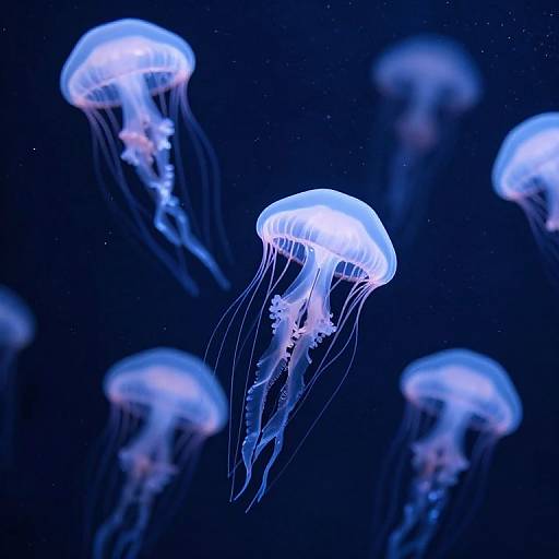 Photograph of glowing blue and white jellyfish with translucent, flowing tentacles floating in a dark, star-speckled ocean.