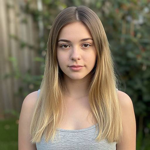 Photograph of a young Caucasian woman with long, straight, blonde ombre hair, wearing a gray tank top, standing outdoors against a blurred wooden